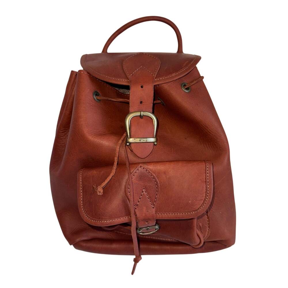 HANDMADE classic tan leather back to school travel mini backpack w brass buckles